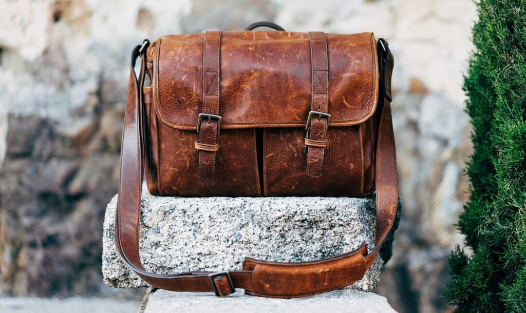 A vintage leather messenger bag