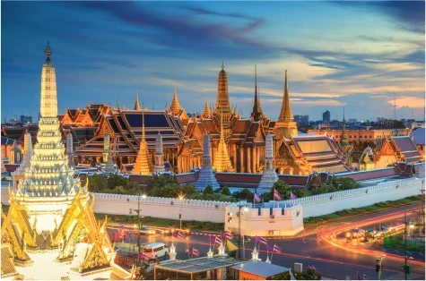 Temples at sunset in Bangkok Thailand