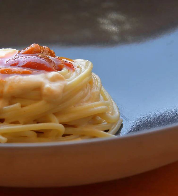 Close up of pasta on a plate at L'Altro Baffo restaurant in Lecce, Italy.