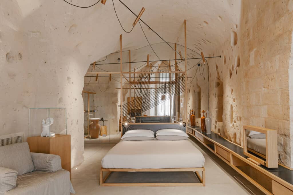 Bedroom in Ai Maestri, a luxury hotel in Matera Italy.