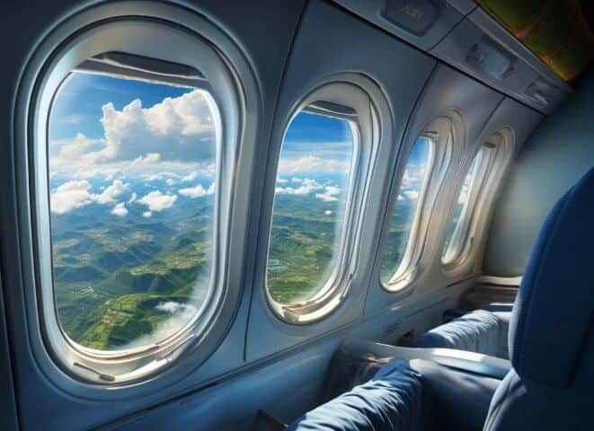 A view of green, tropical mountains from the window of a private jet.