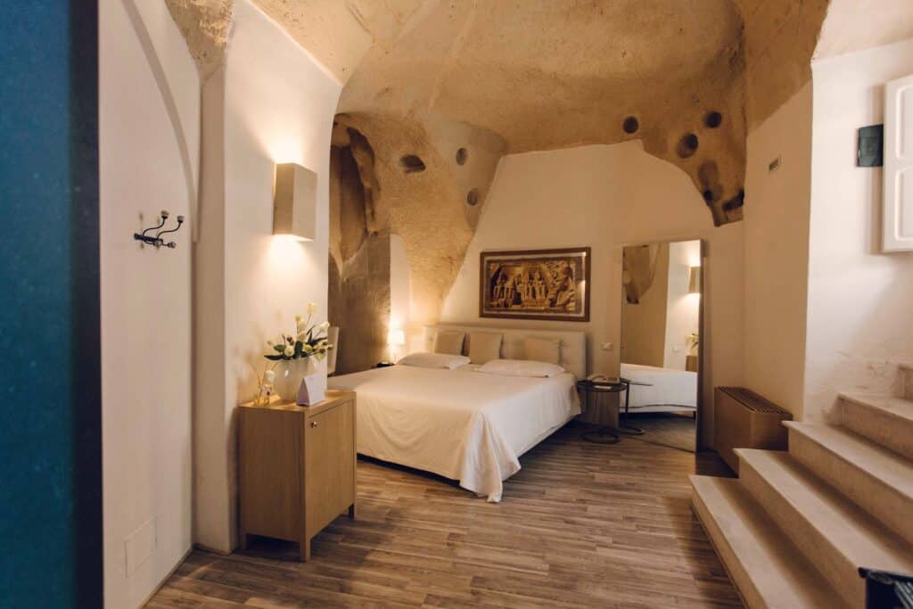 Bedroom in La Casa di Lucio, a luxury hotel in Matera Italy.