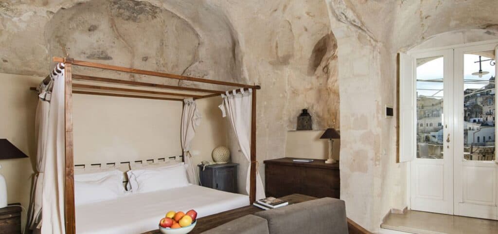 Bedroom in Locanda di San Martino, a luxury hotel in Matera Italy.