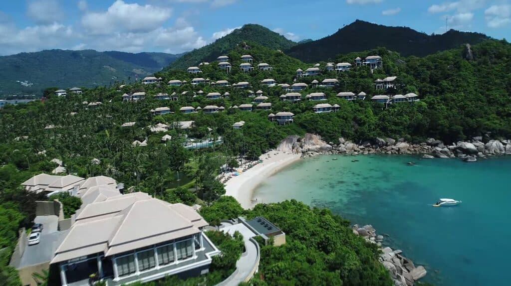 Aerial view of Banyan Tree Resort, with private harbor, Koh Samui Thailand.